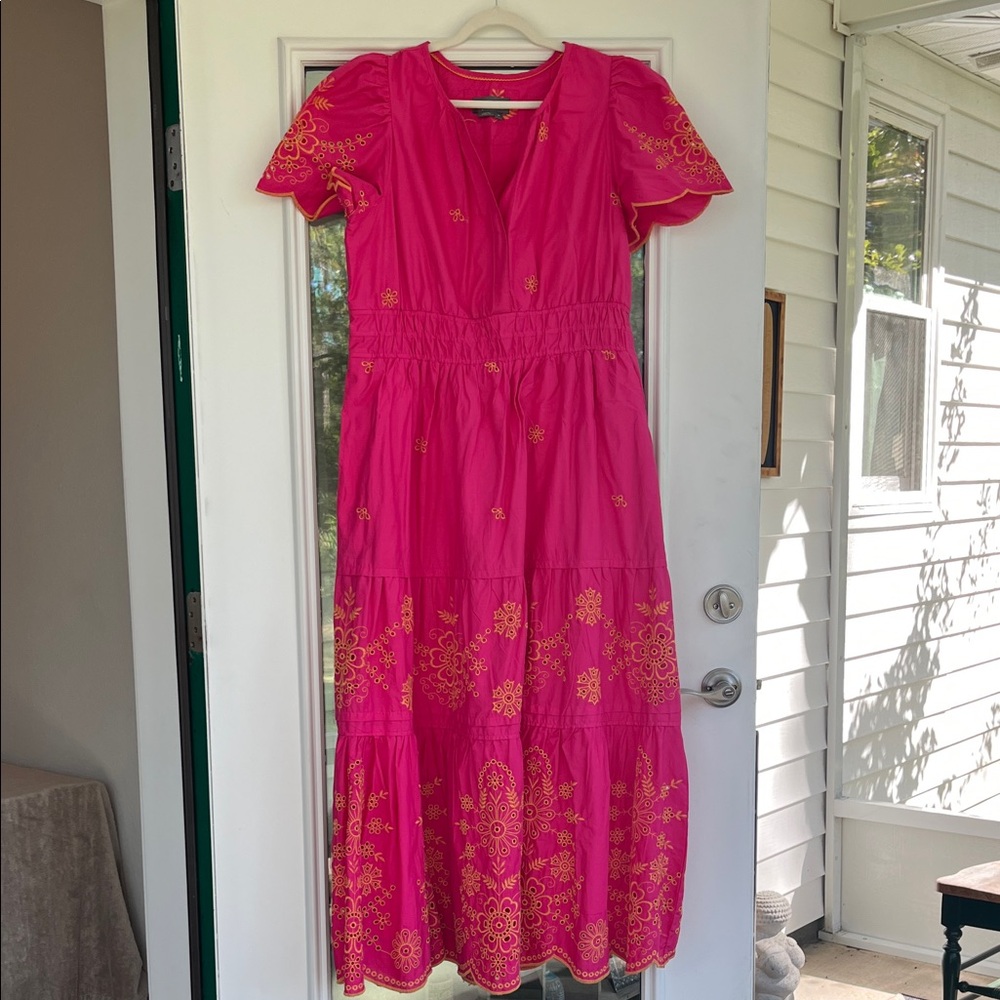 Anthropologie Somerset Fuchsia Midi Dress with Tangerine Embroidery